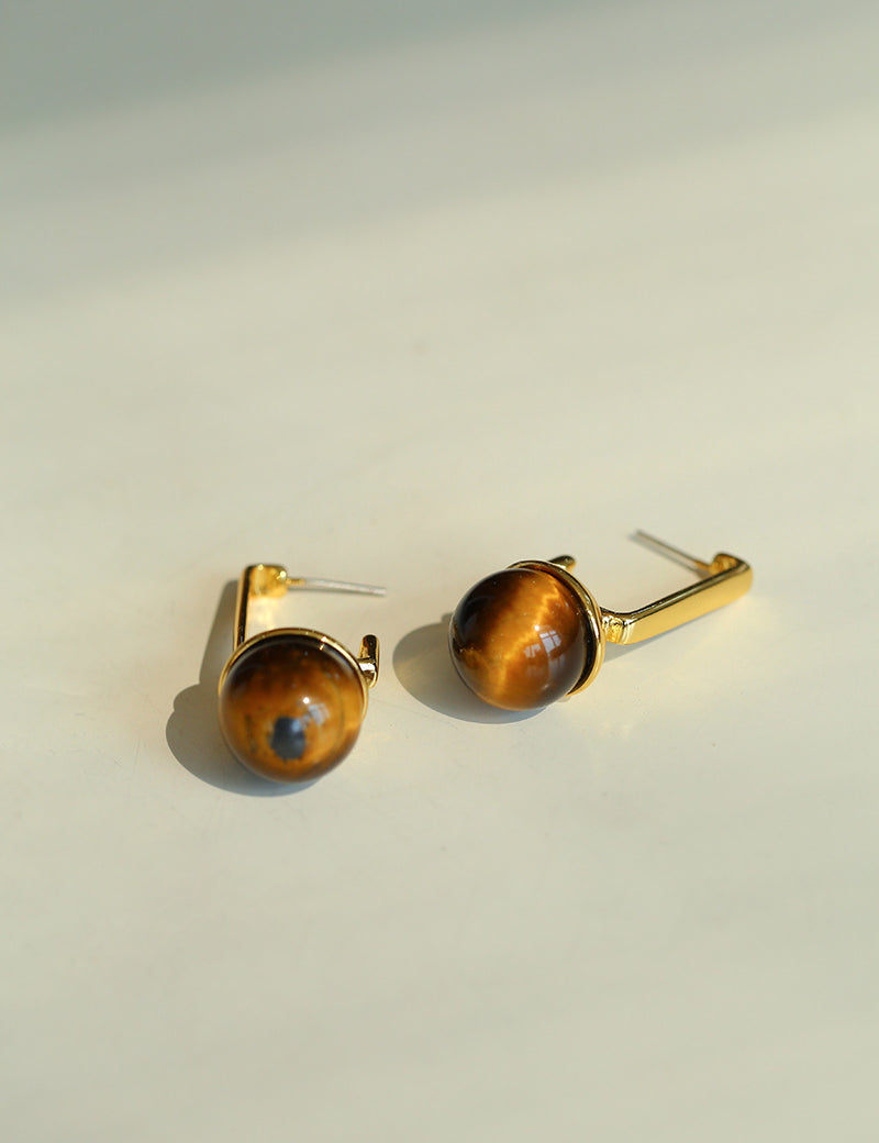 Vintage Tiger's Eye Stone Drop Earrings-Gembea Jewelry