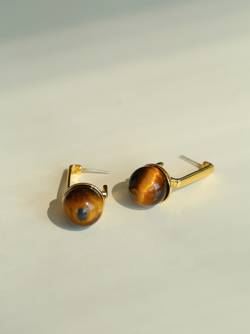 Vintage Tiger's Eye Stone Drop Earrings-Gembea Jewelry