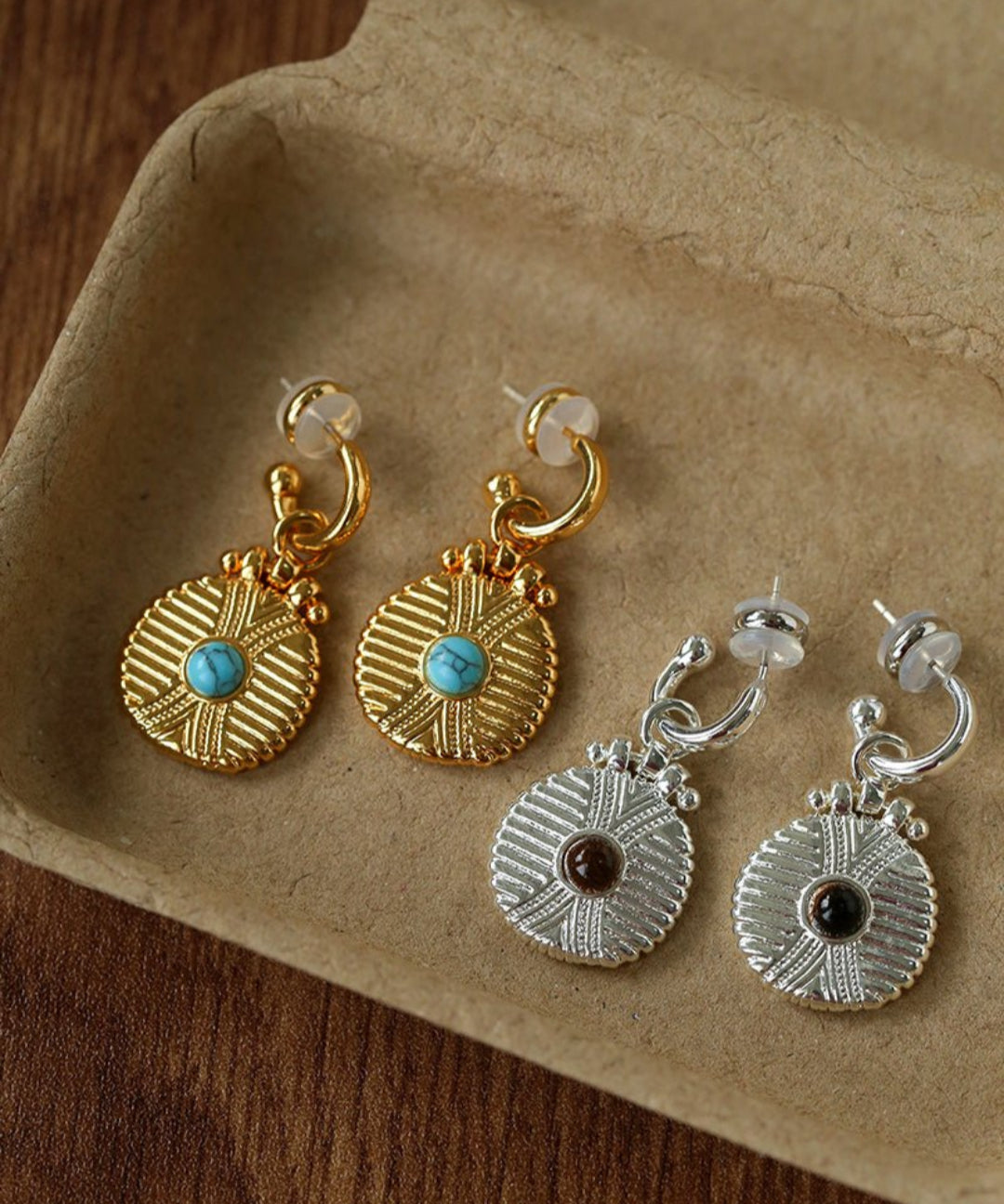 Vintage Tribal Coin Gemstone Drop Earrings gembea jewelry