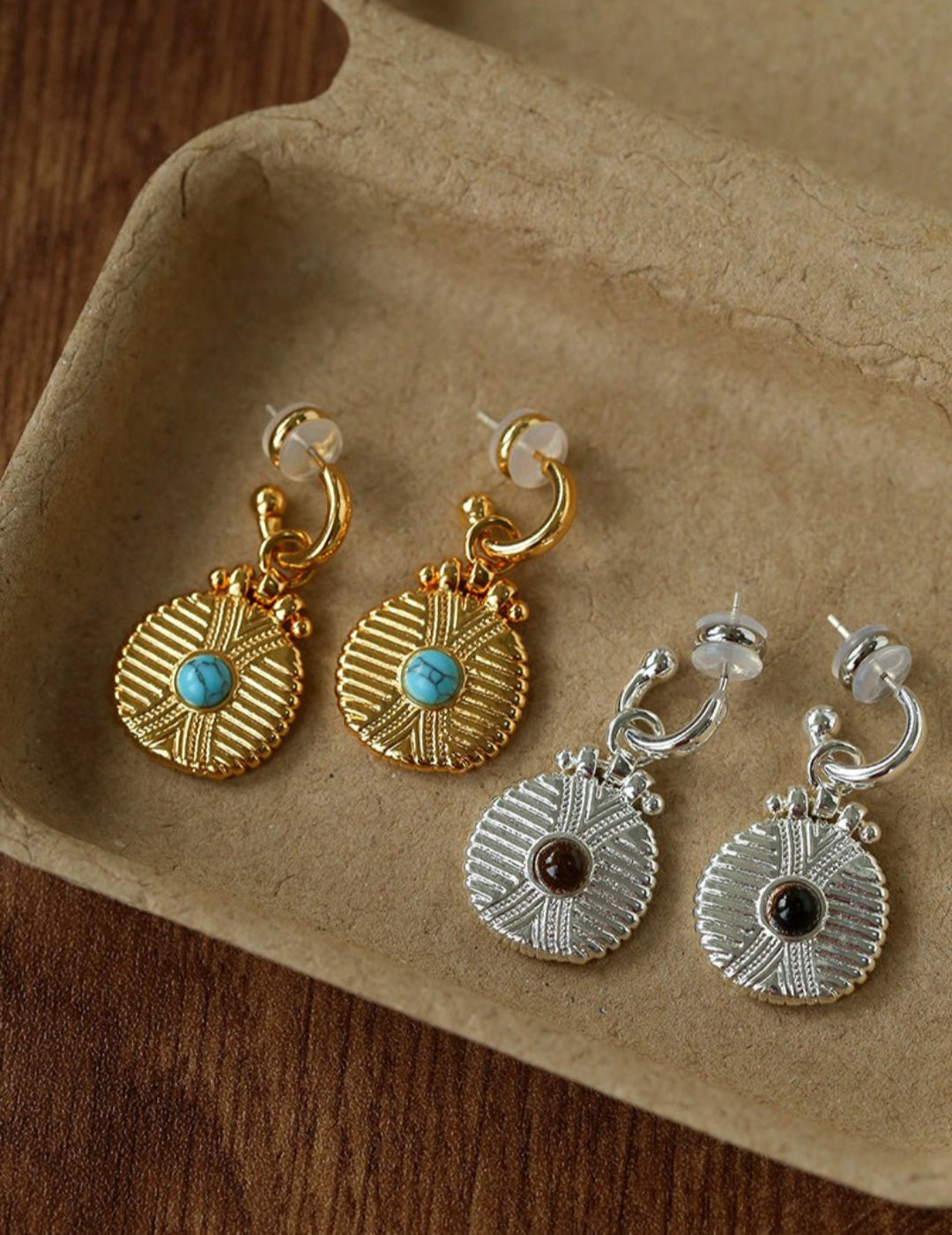 Vintage Tribal Coin Gemstone Drop Earrings gembea jewelry
