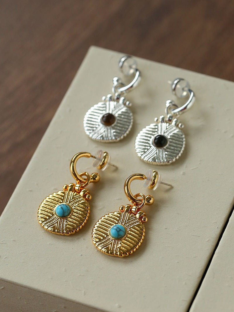 Vintage Tribal Coin Gemstone Drop Earrings gembea jewelry