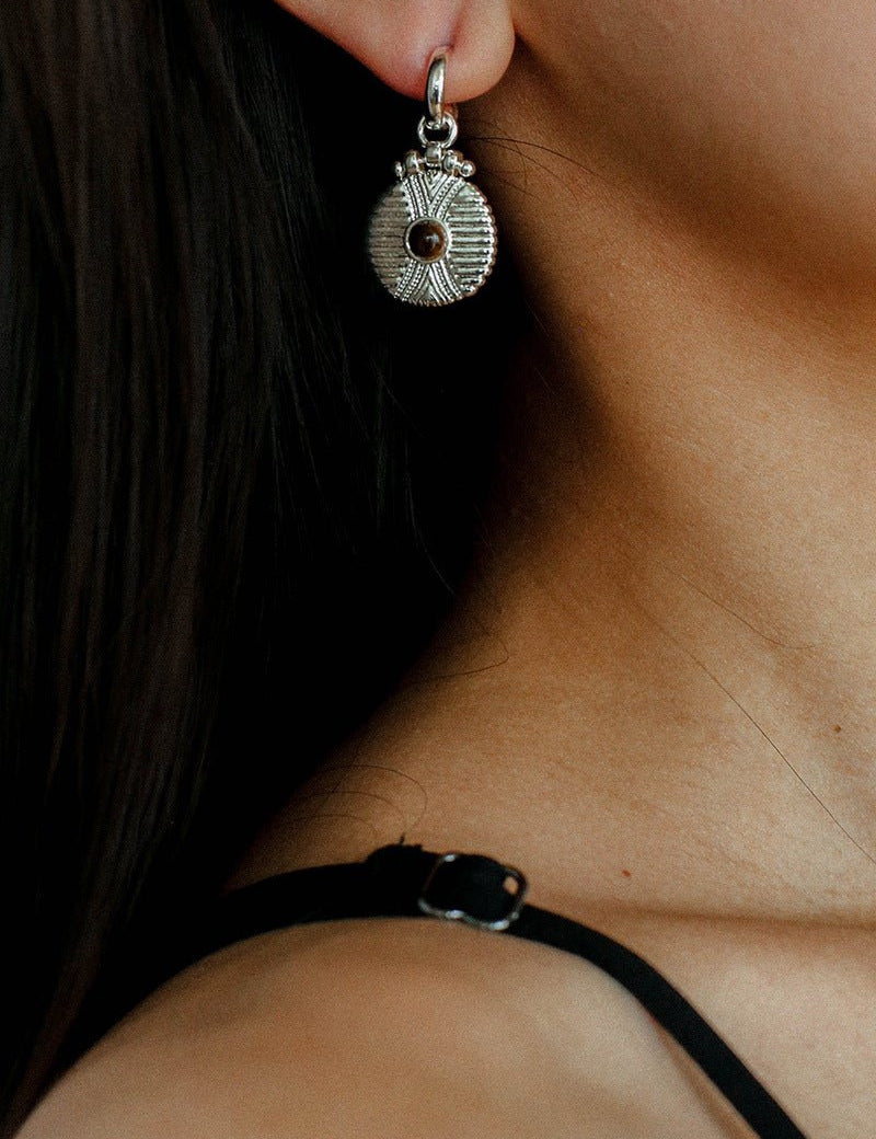 Vintage Tribal Coin Gemstone Drop Earrings gembea jewelry