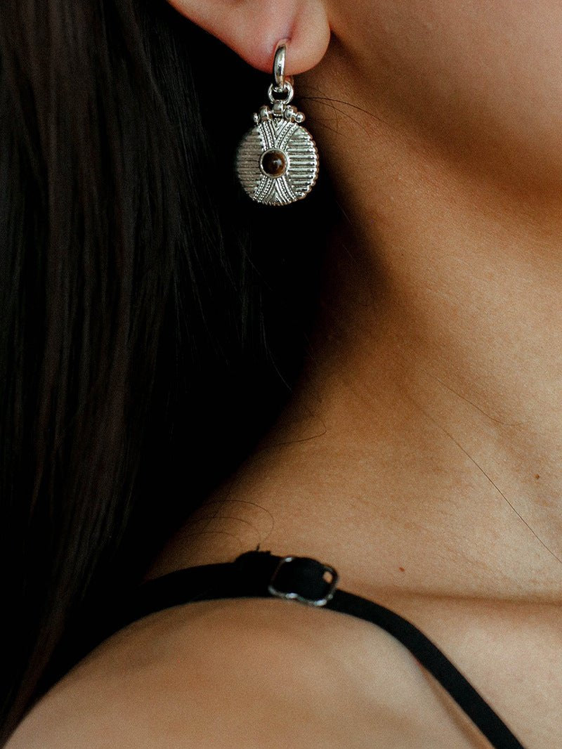 Vintage Tribal Coin Gemstone Drop Earrings gembea jewelry
