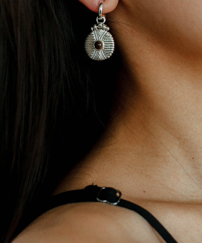 Vintage Tribal Coin Gemstone Drop Earrings gembea jewelry