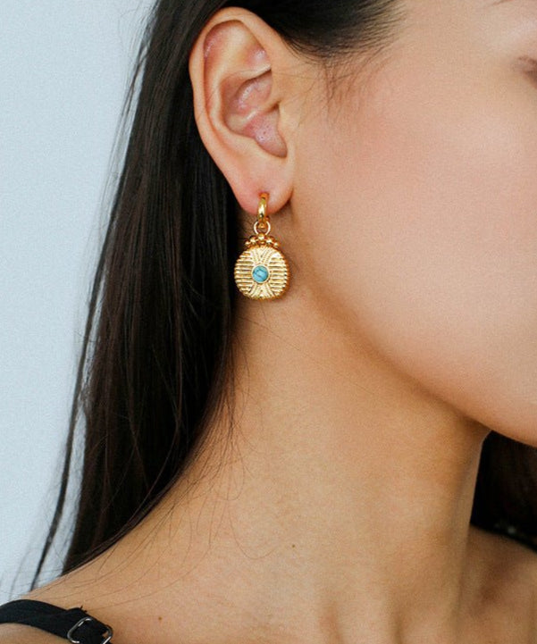 Vintage Tribal Coin Gemstone Drop Earrings gembea jewelry