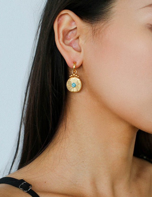 Vintage Tribal Coin Gemstone Drop Earrings gembea jewelry