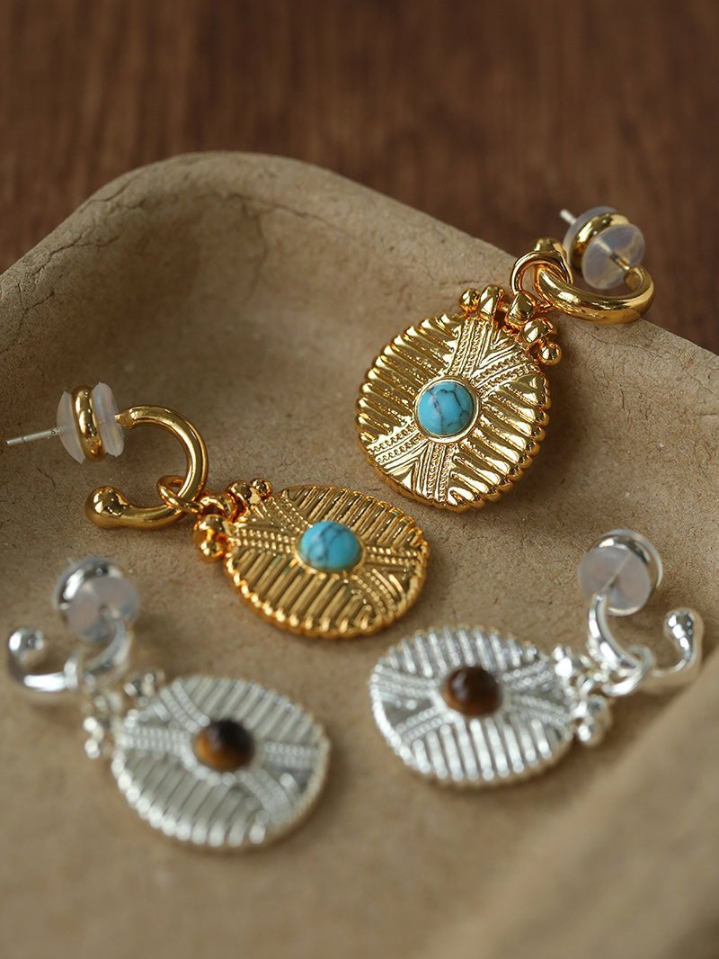 Vintage Tribal Coin Gemstone Drop Earrings gembea jewelry