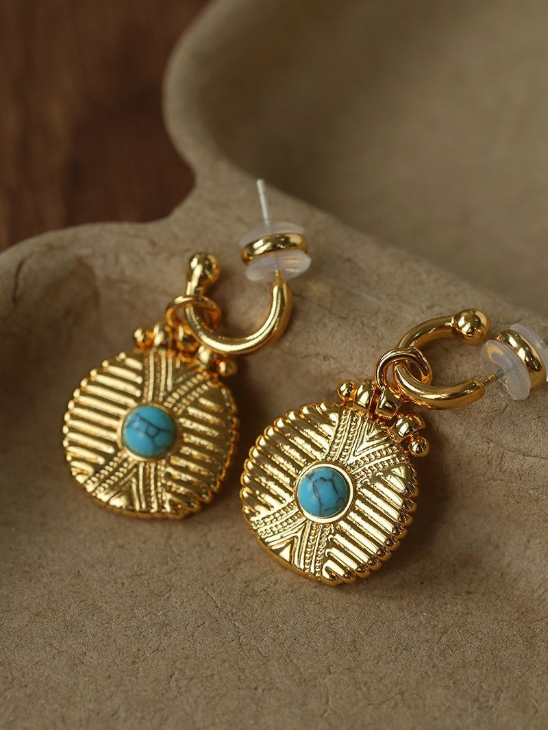 Vintage Tribal Coin Gemstone Drop Earrings gembea jewelry