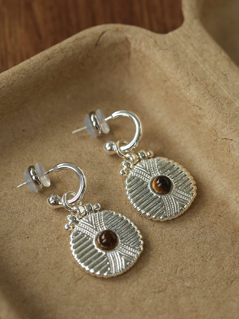 Vintage Tribal Coin Gemstone Drop Earrings gembea jewelry