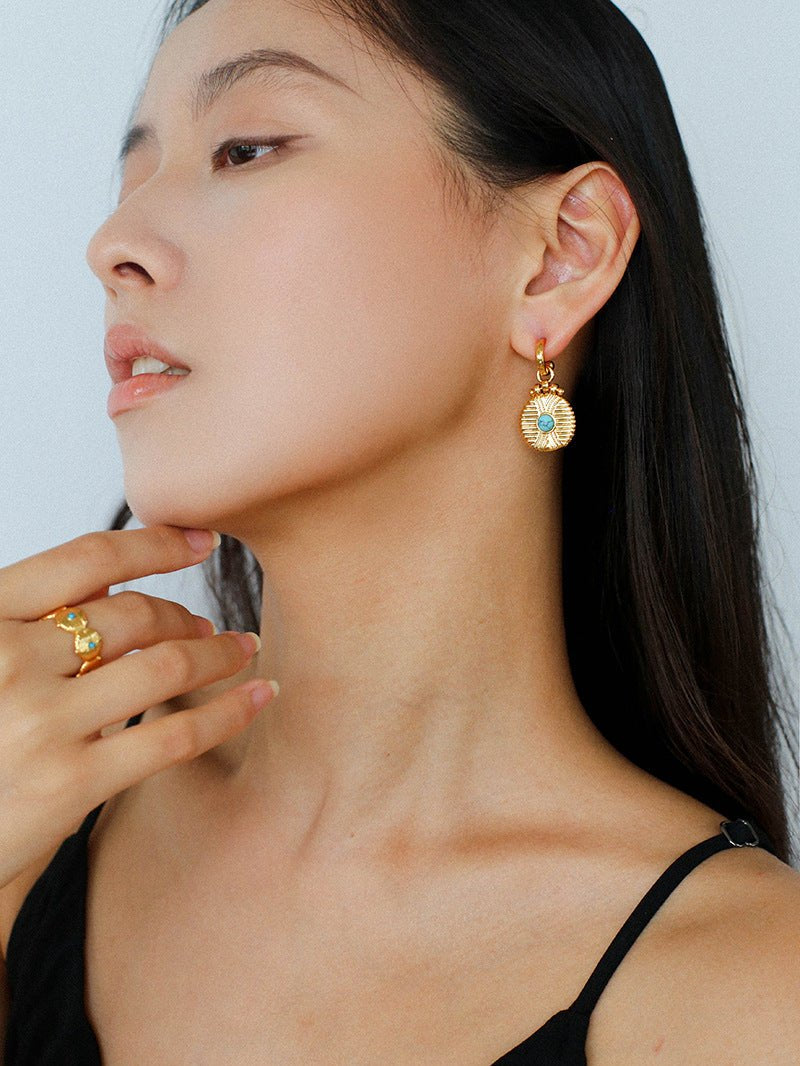 Vintage Tribal Coin Gemstone Drop Earrings gembea jewelry