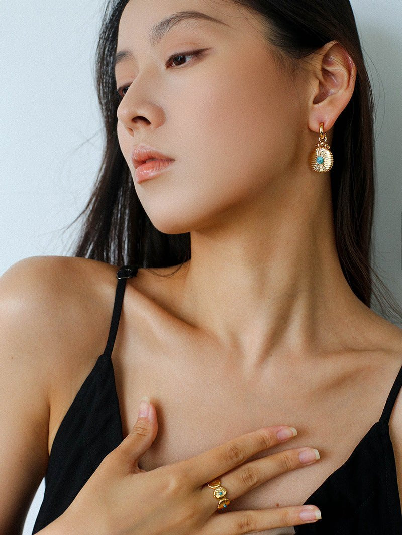 Vintage Tribal Coin Gemstone Drop Earrings gembea jewelry