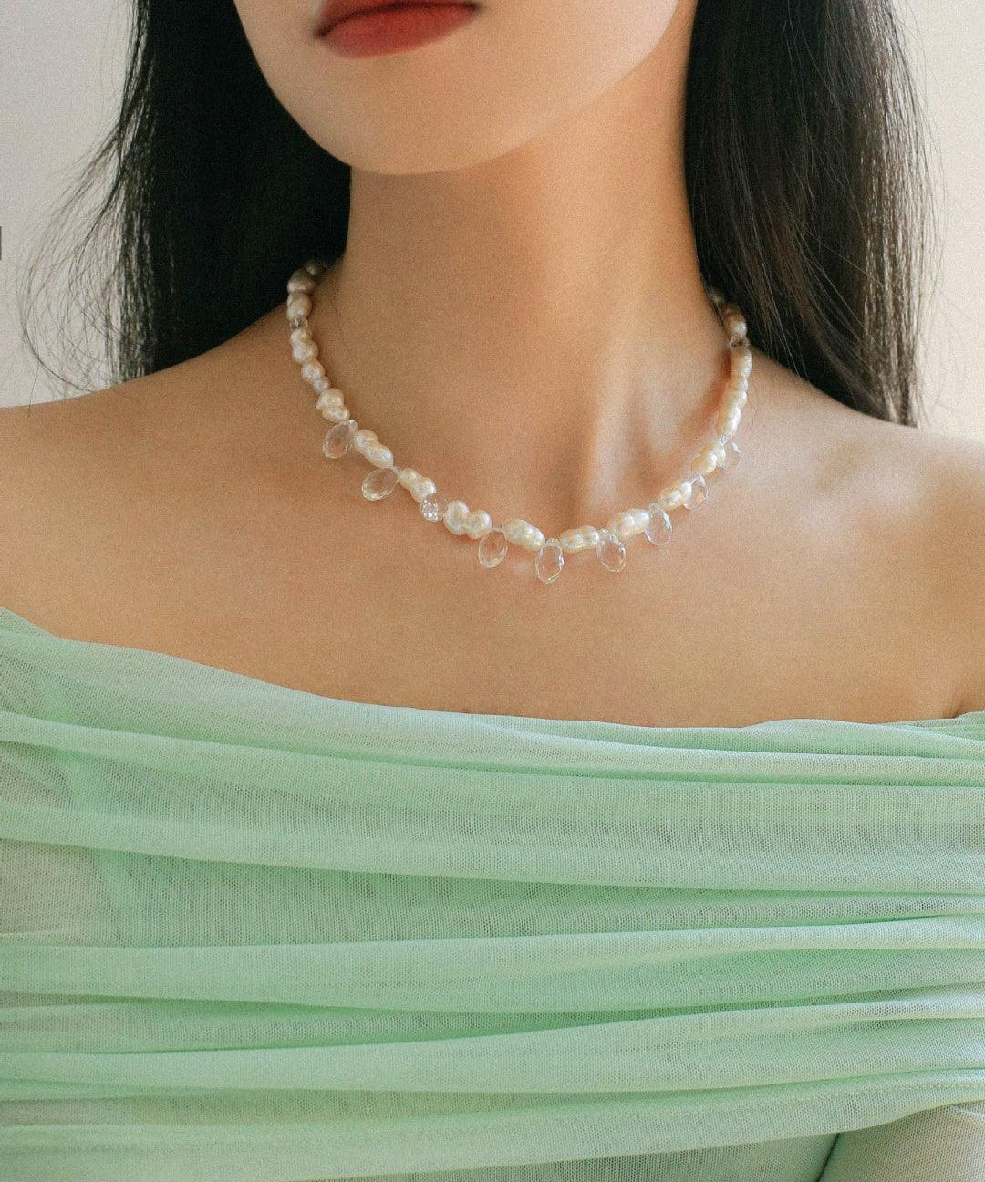 White Crystal Baroque Pearl Necklace - Gembea Jewelry