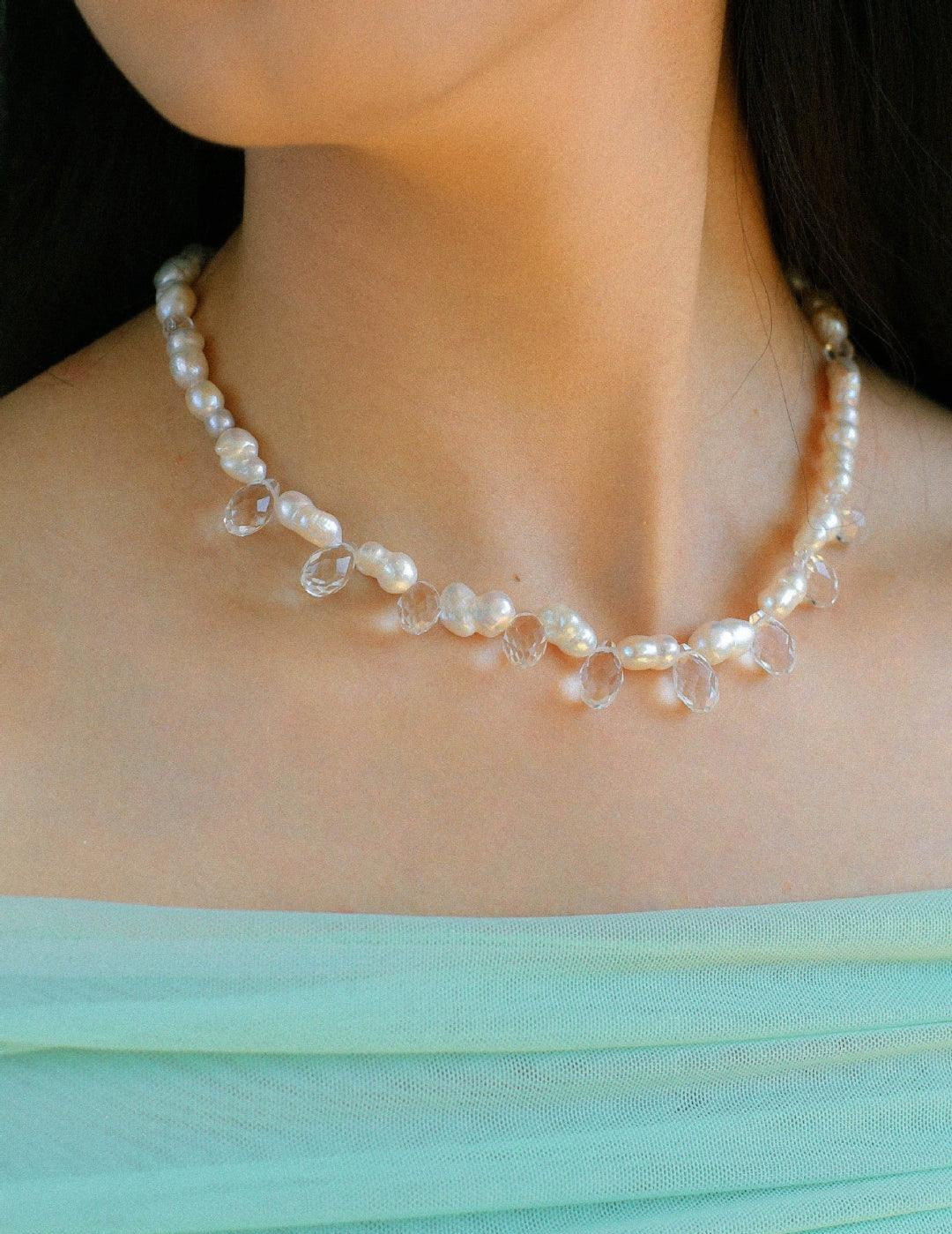 White Crystal Baroque Pearl Necklace - Gembea Jewelry