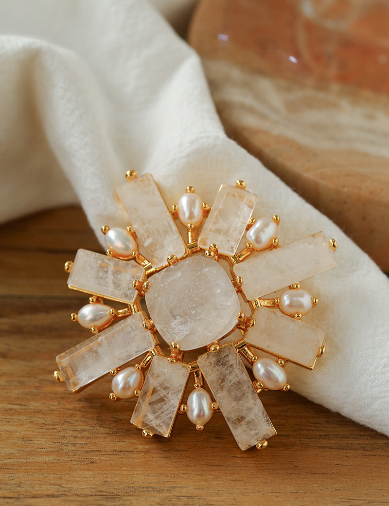 White Crystal Pearl Brooch gembea jewelry