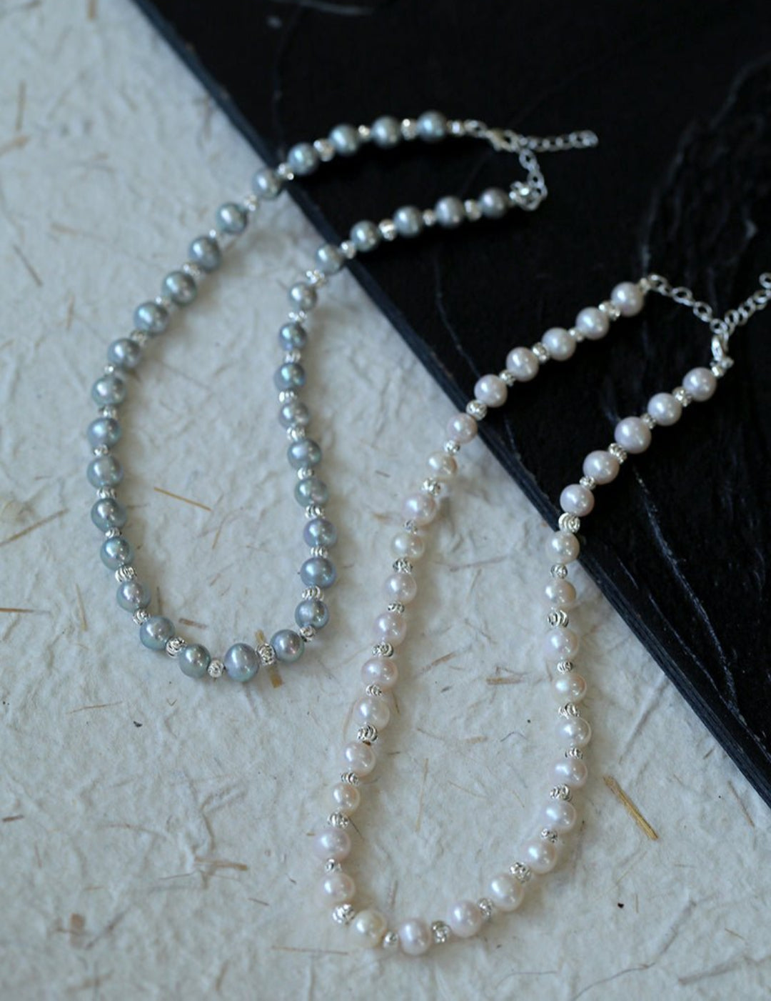 White Grey Freshwater Pearl Silver Bean Necklace gembea jewelry