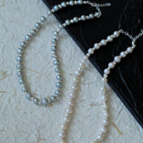 White Grey Freshwater Pearl Silver Bean Necklace gembea jewelry
