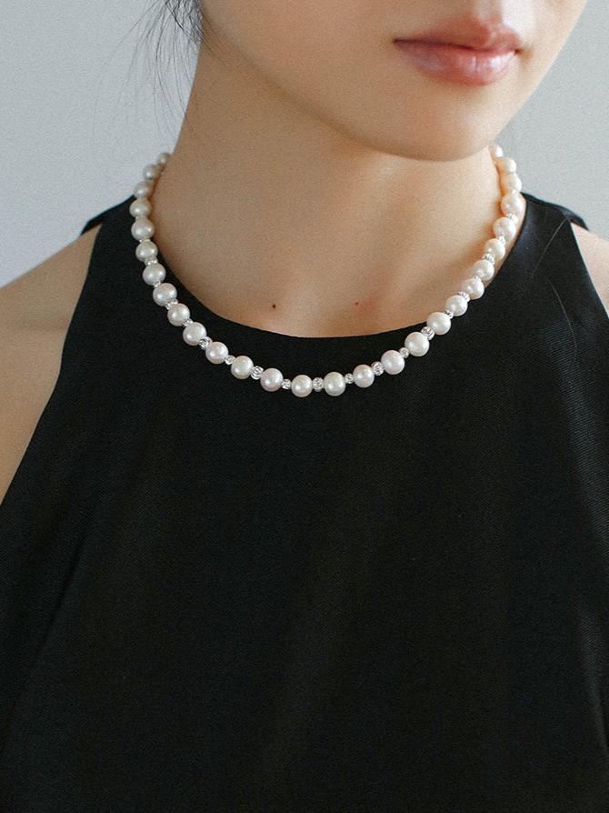 White Grey Freshwater Pearl Silver Bean Necklace gembea jewelry