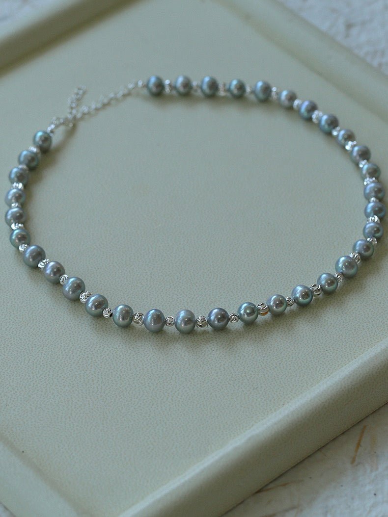 White Grey Freshwater Pearl Silver Bean Necklace gembea jewelry