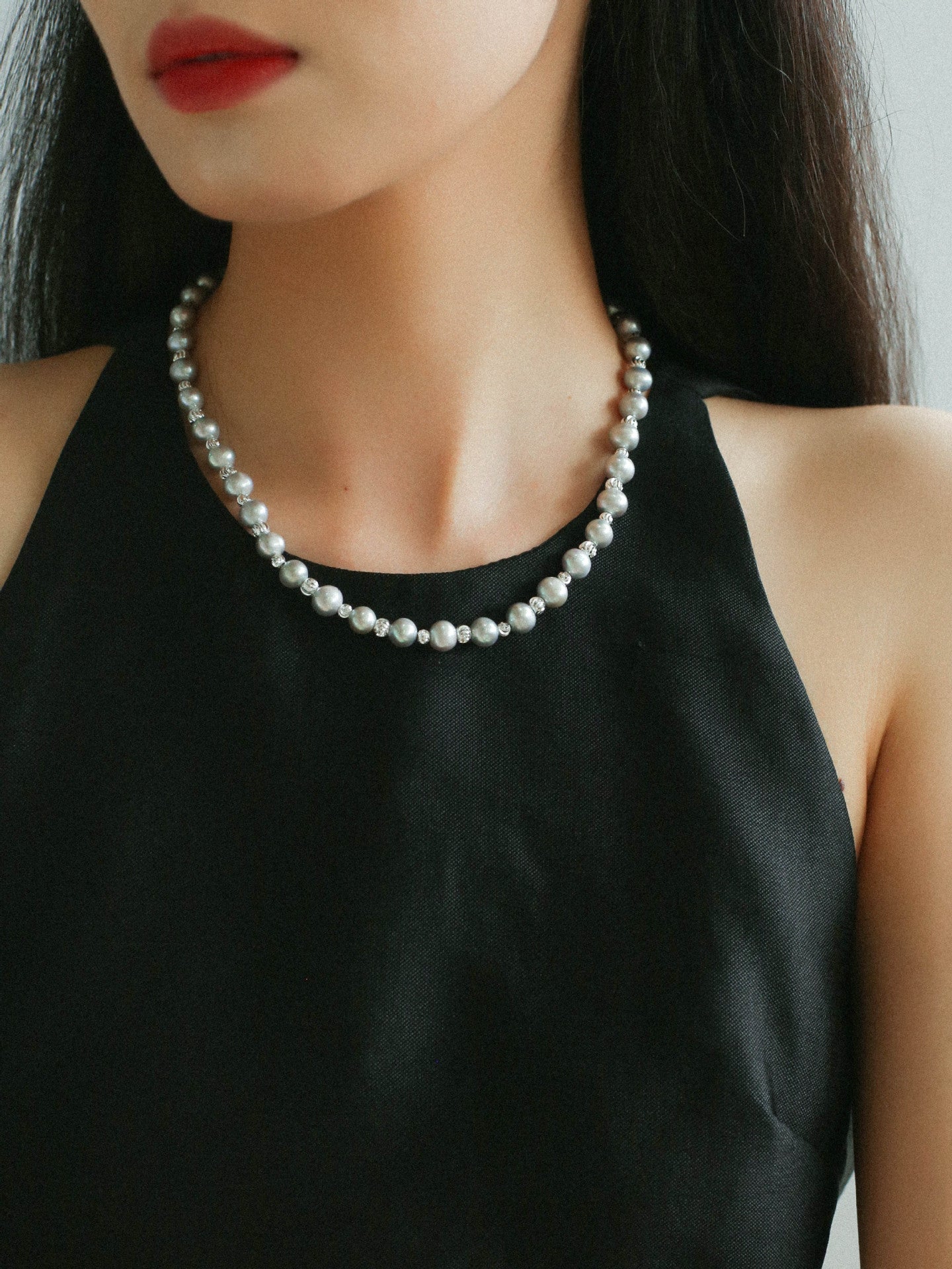 White Grey Freshwater Pearl Silver Bean Necklace gembea jewelry