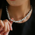 White Grey Freshwater Pearl Silver Bean Necklace gembea jewelry
