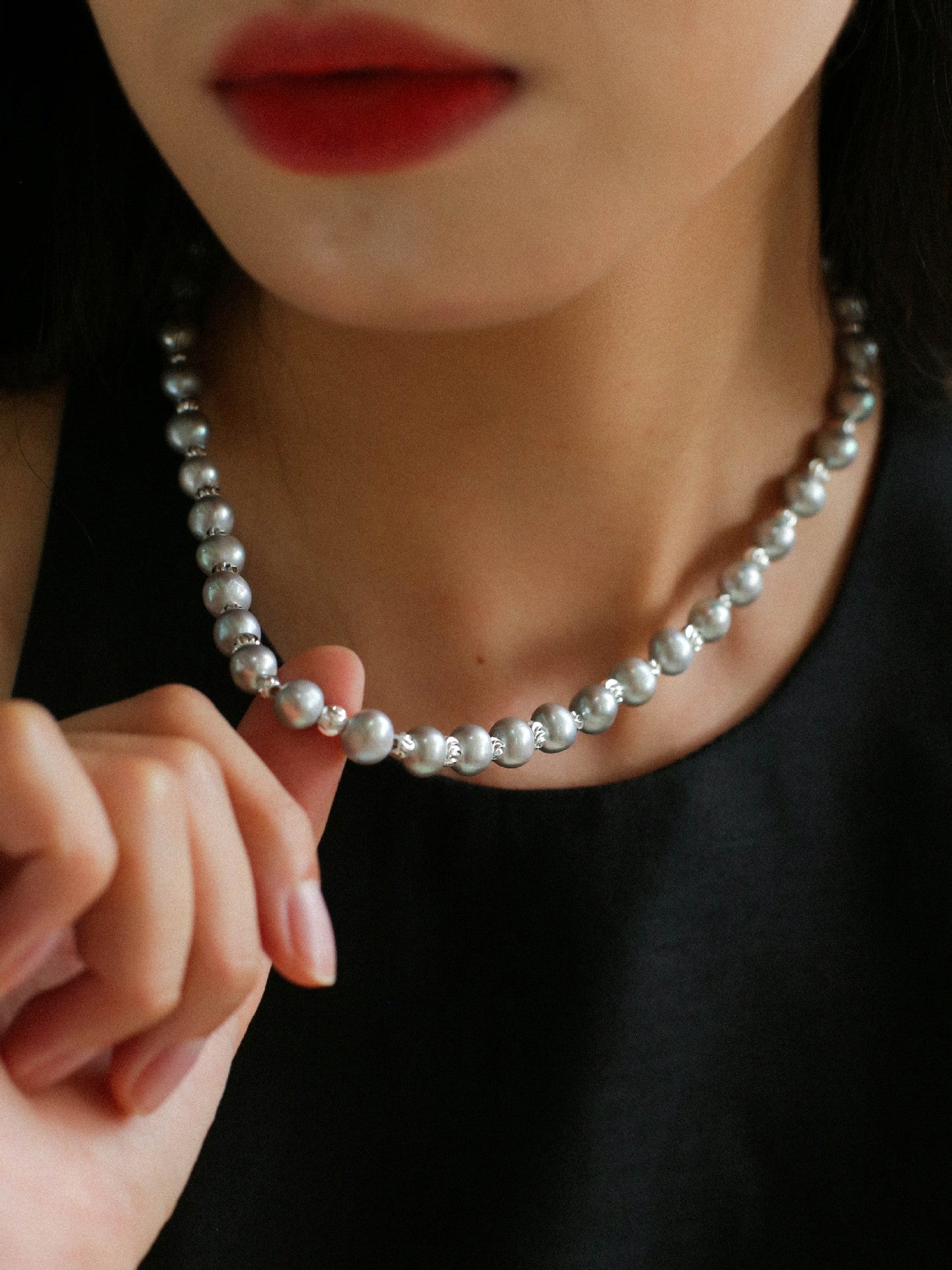 White Grey Freshwater Pearl Silver Bean Necklace gembea jewelry