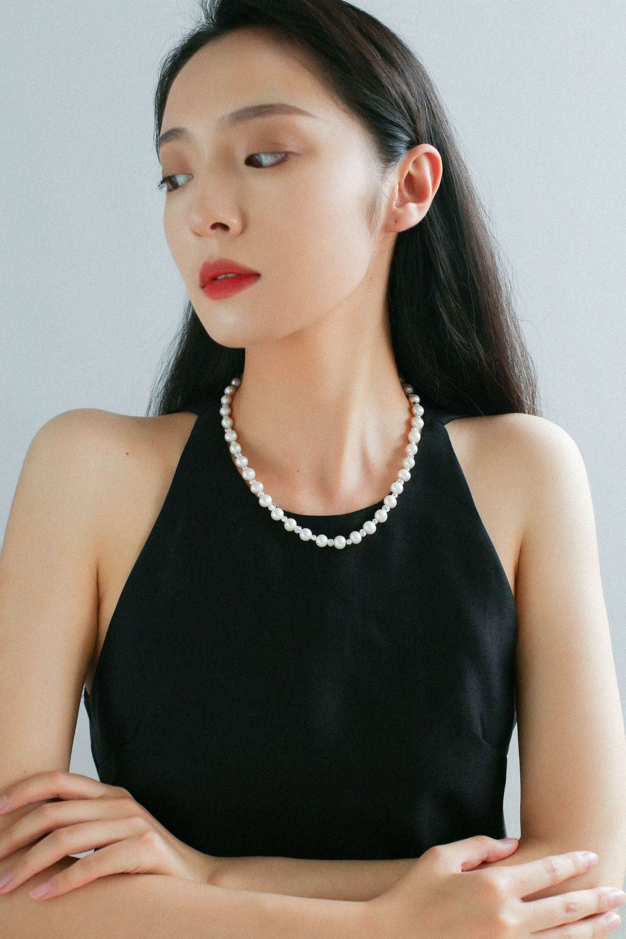 White Grey Freshwater Pearl Silver Bean Necklace gembea jewelry