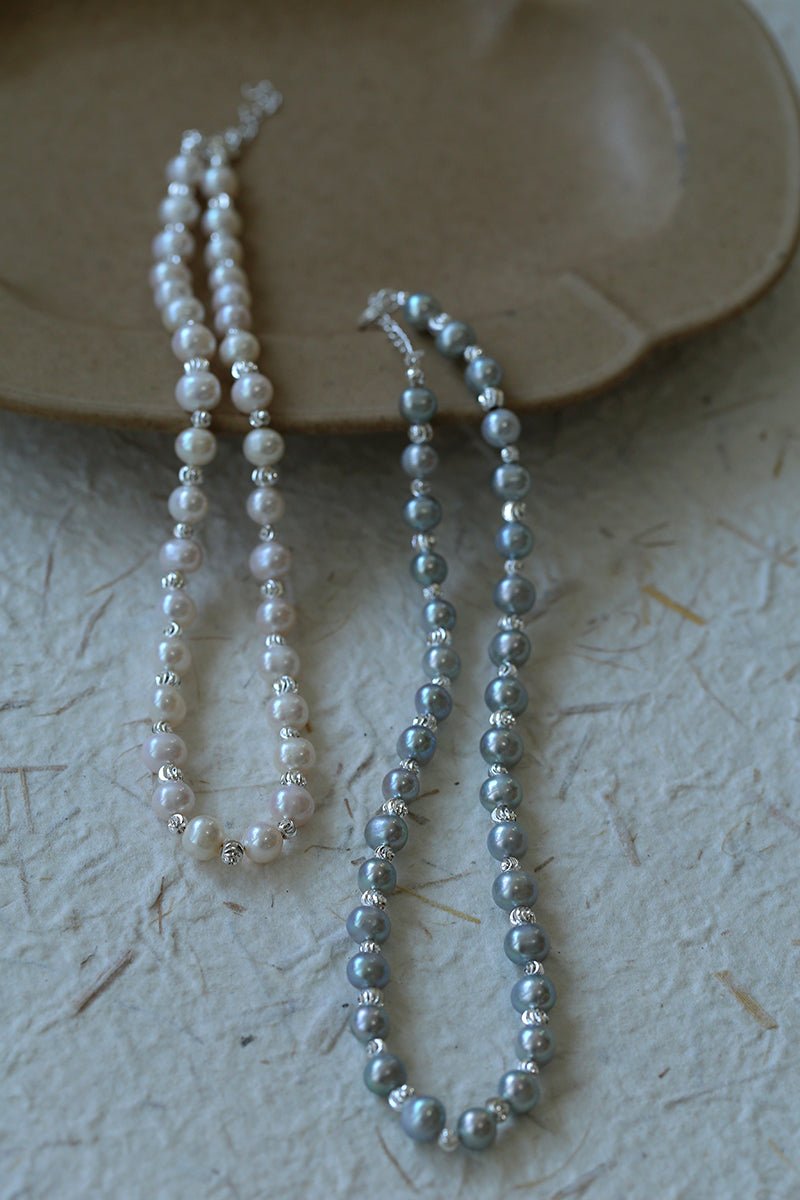 White Grey Freshwater Pearl Silver Bean Necklace gembea jewelry