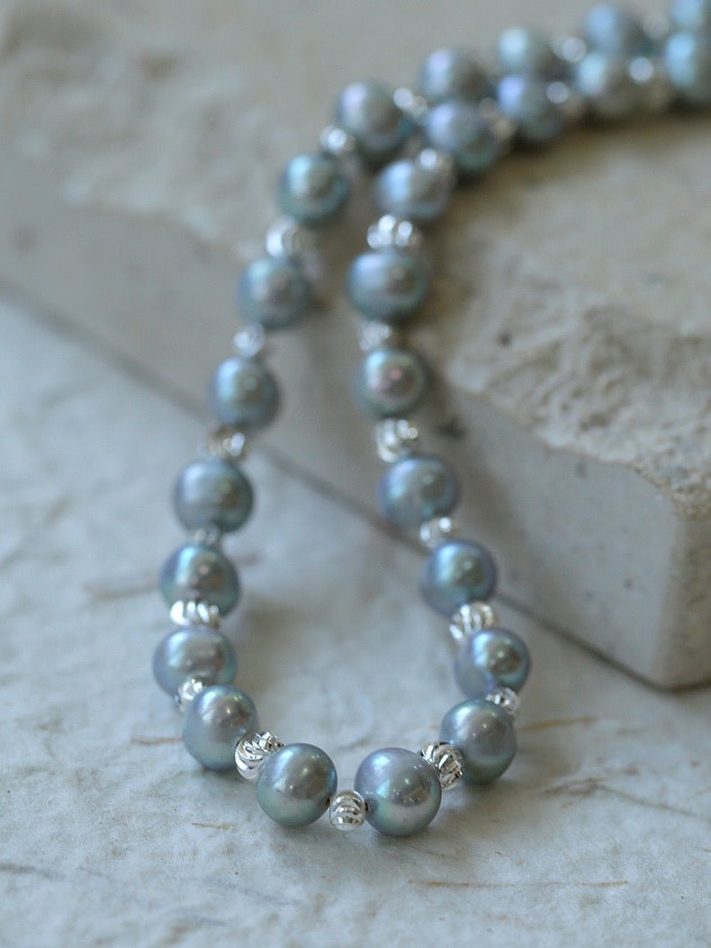 White Grey Freshwater Pearl Silver Bean Necklace gembea jewelry