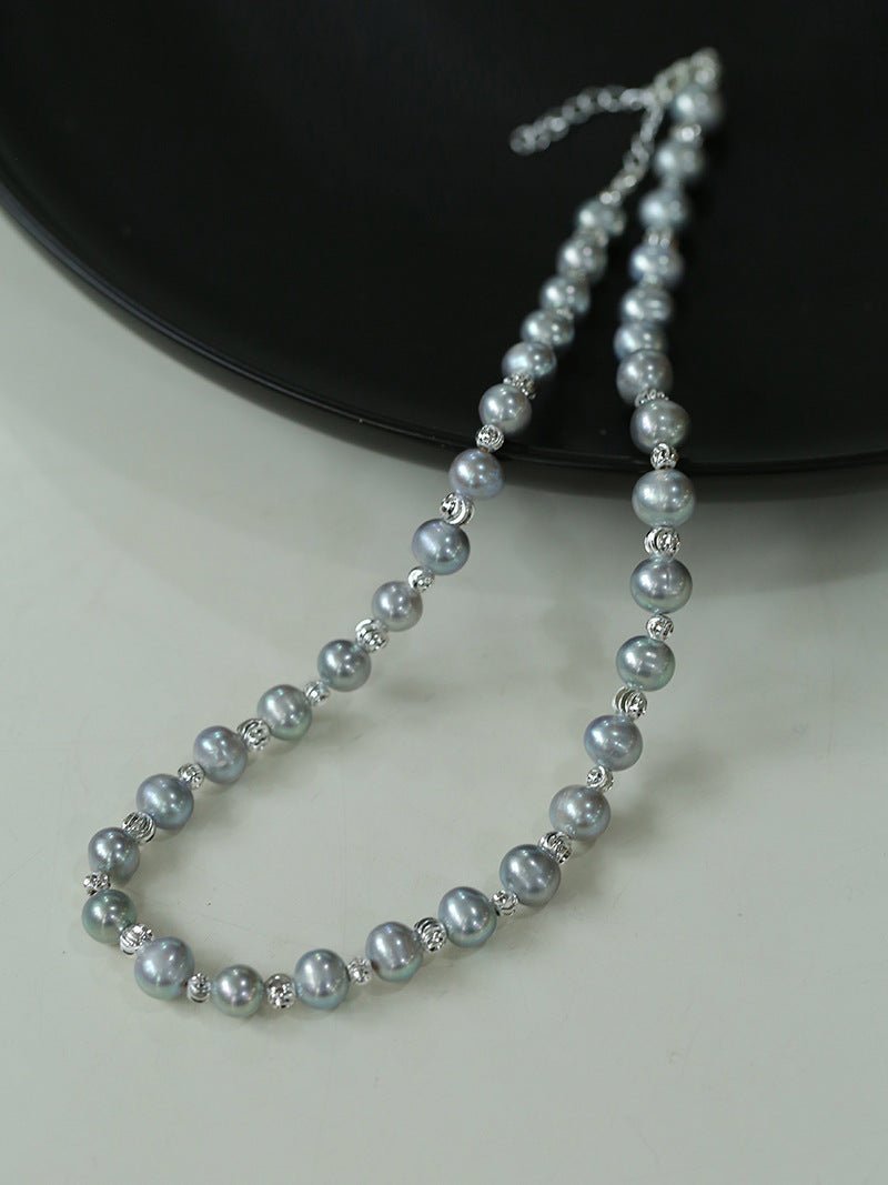 White Grey Freshwater Pearl Silver Bean Necklace gembea jewelry