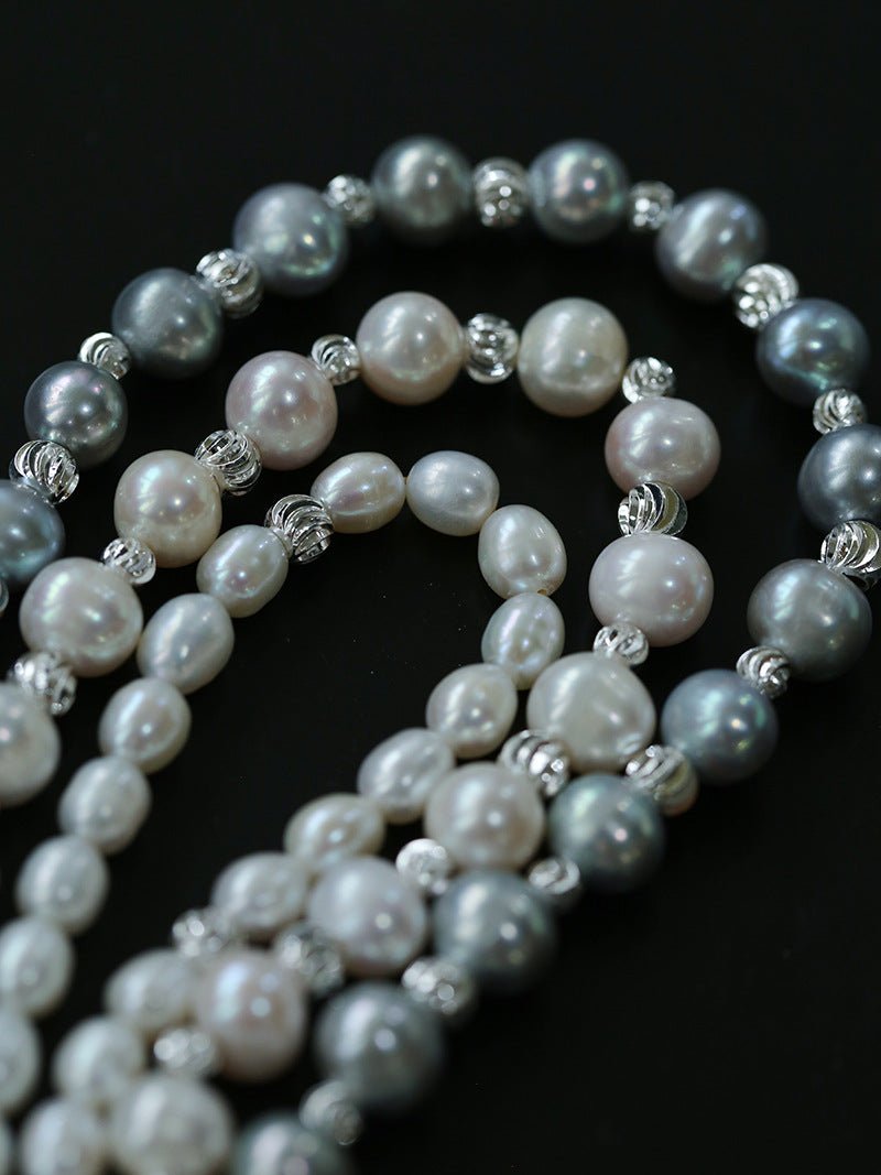 White Grey Freshwater Pearl Silver Bean Necklace gembea jewelry
