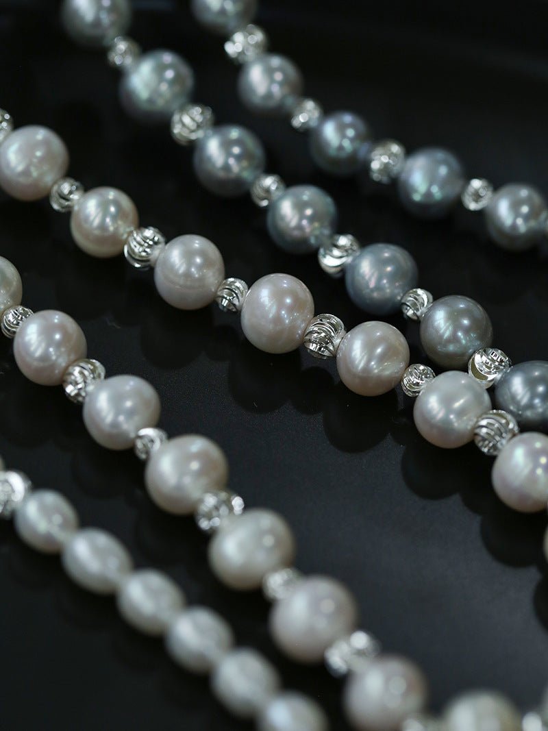 White Grey Freshwater Pearl Silver Bean Necklace gembea jewelry