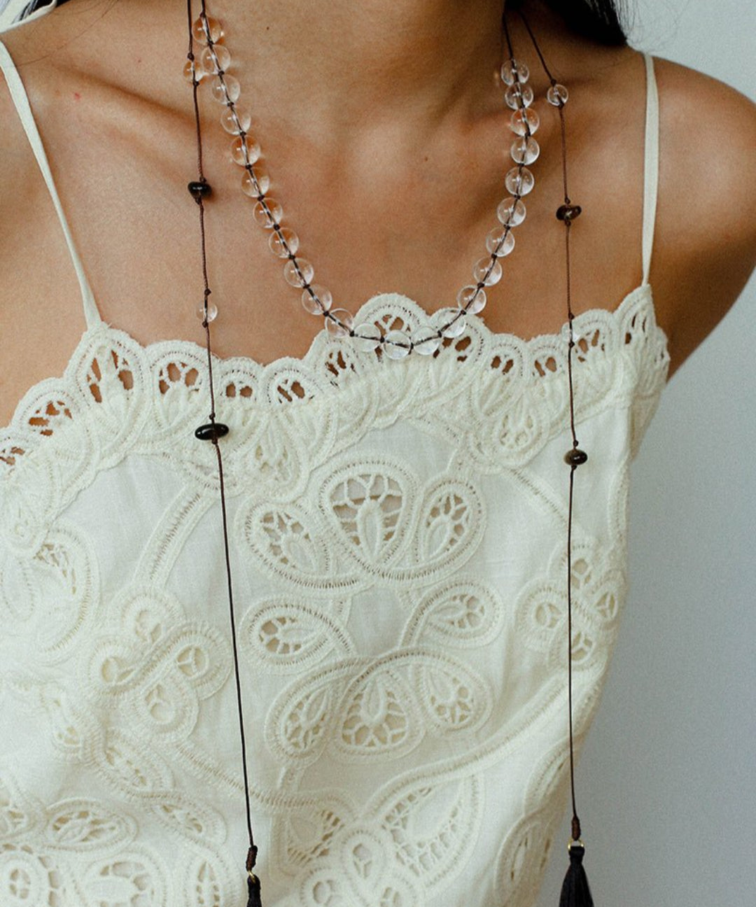 White Quartz Smoky Quartz Open-Ended Tassel Necklace gembea jewelry