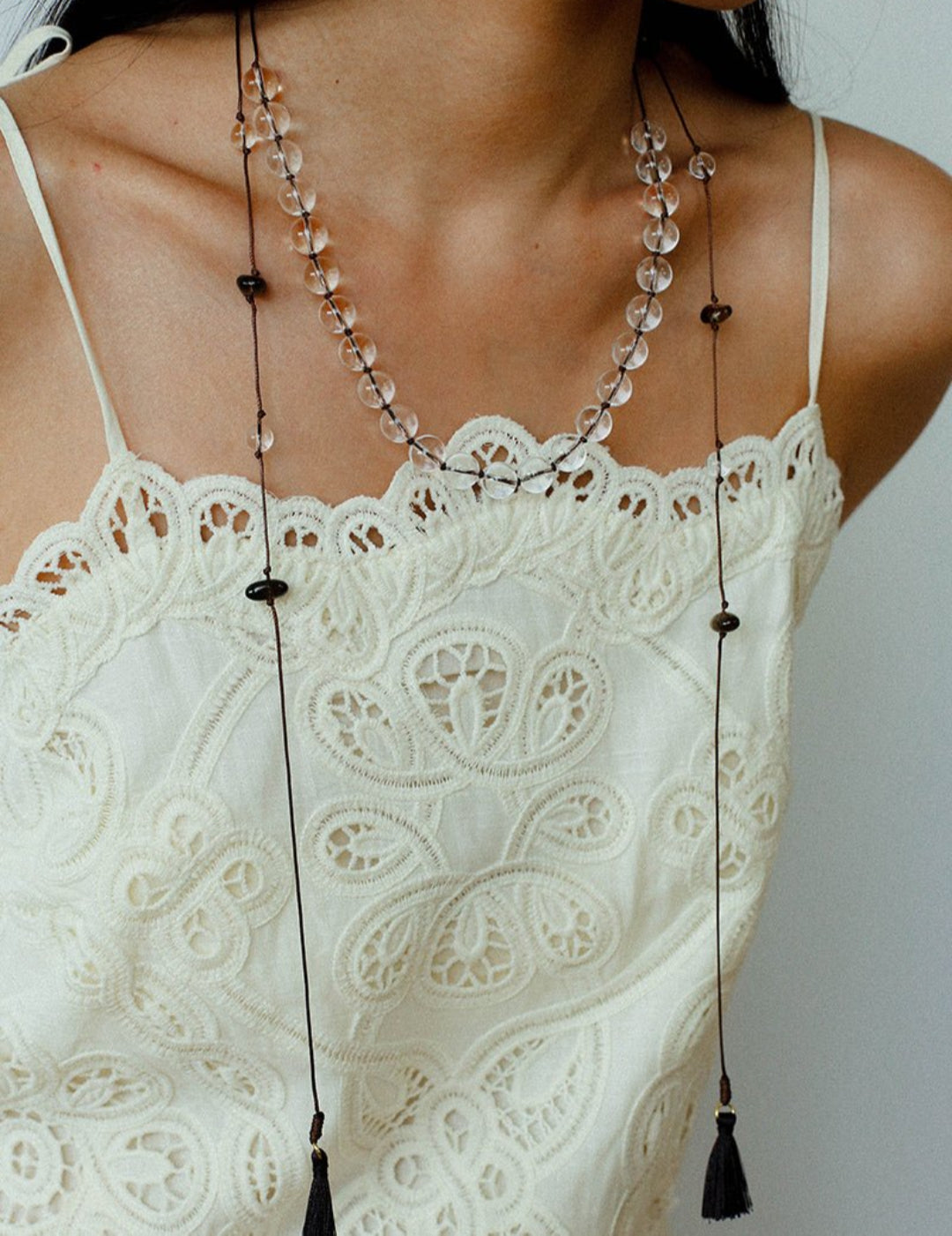 White Quartz Smoky Quartz Open-Ended Tassel Necklace gembea jewelry