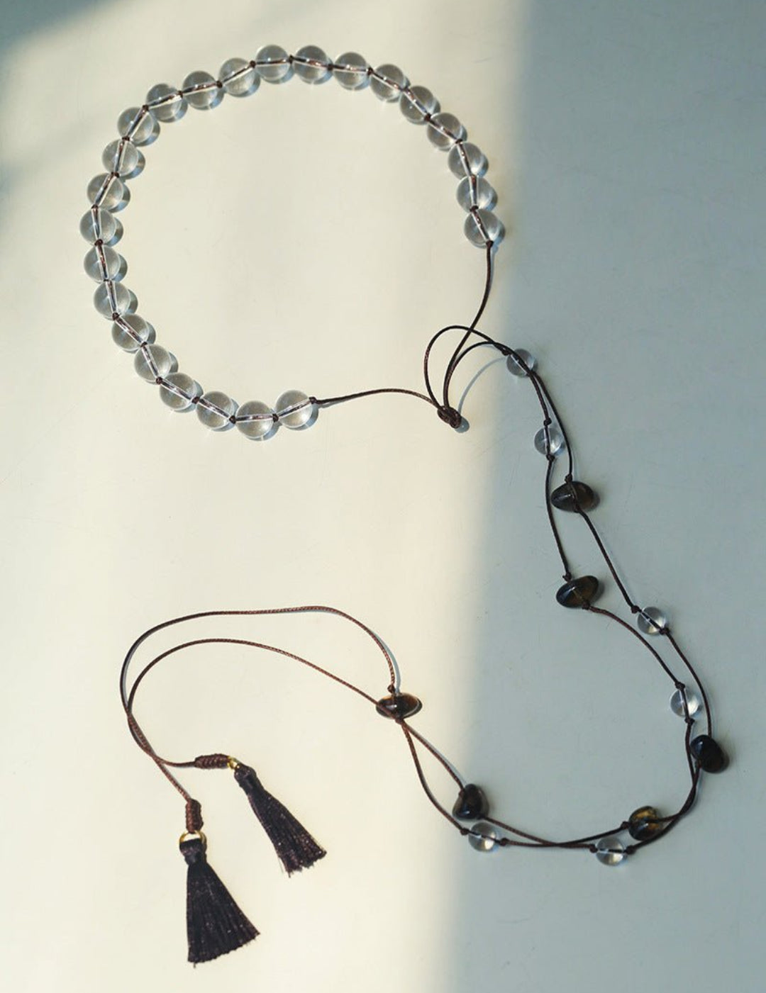 White Quartz Smoky Quartz Open-Ended Tassel Necklace gembea jewelry