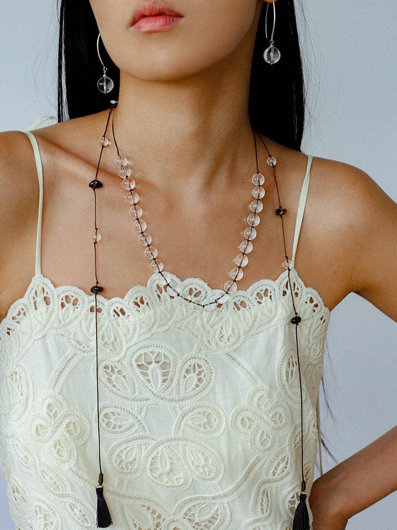 White Quartz Smoky Quartz Open-Ended Tassel Necklace gembea jewelry