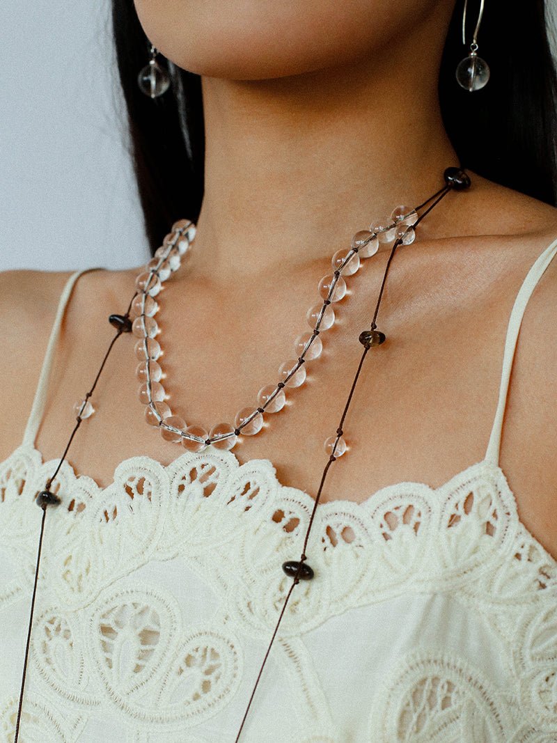 White Quartz Smoky Quartz Open-Ended Tassel Necklace gembea jewelry