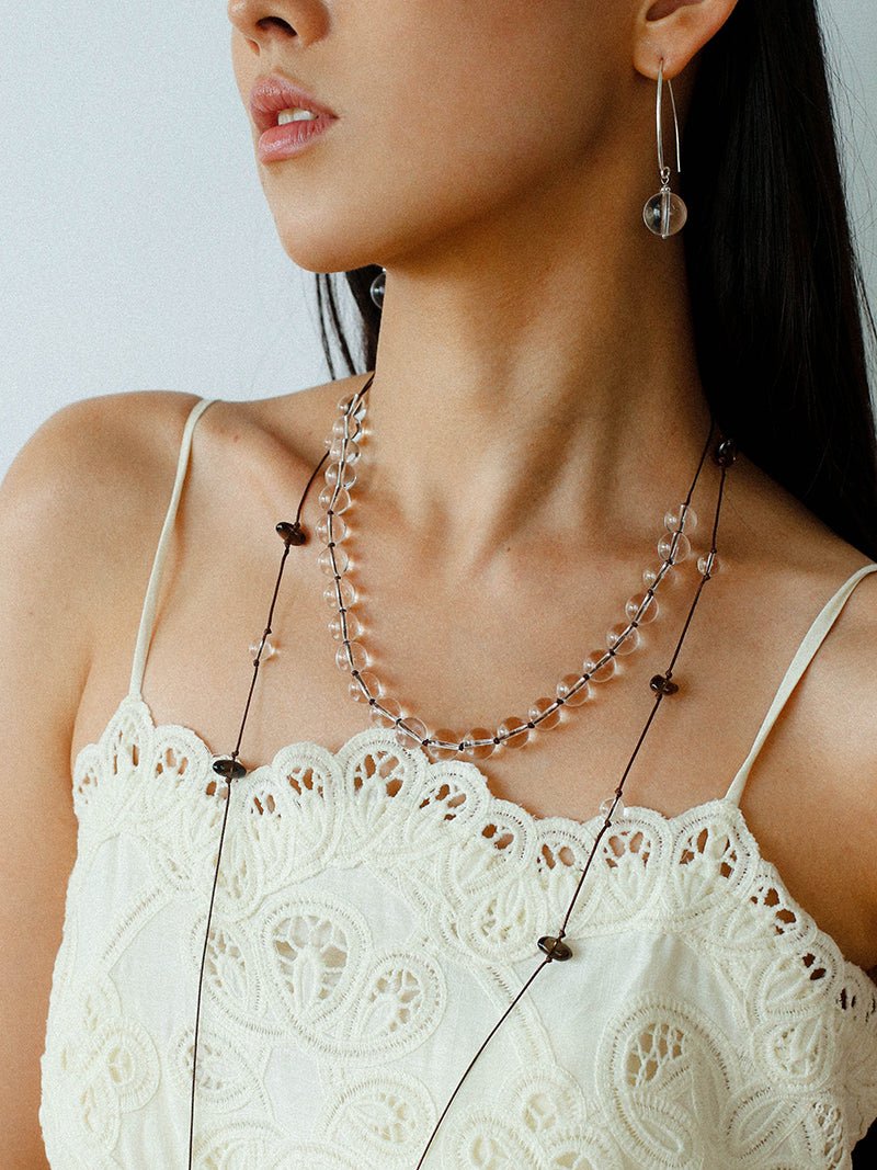 White Quartz Smoky Quartz Open-Ended Tassel Necklace gembea jewelry