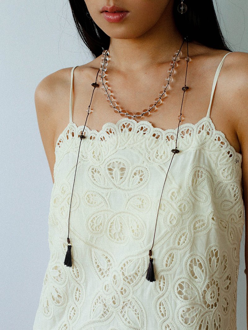 White Quartz Smoky Quartz Open-Ended Tassel Necklace gembea jewelry