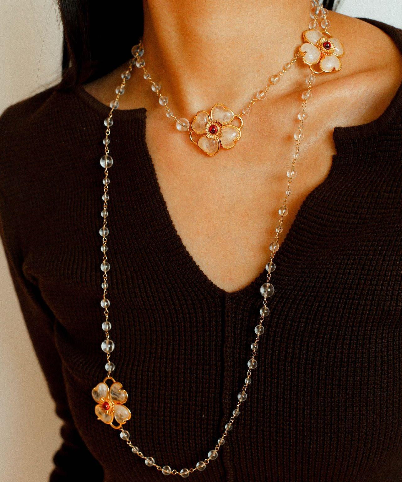 Classic White crystal Four-leaf Clover Long Necklace - Gembea Jewelry