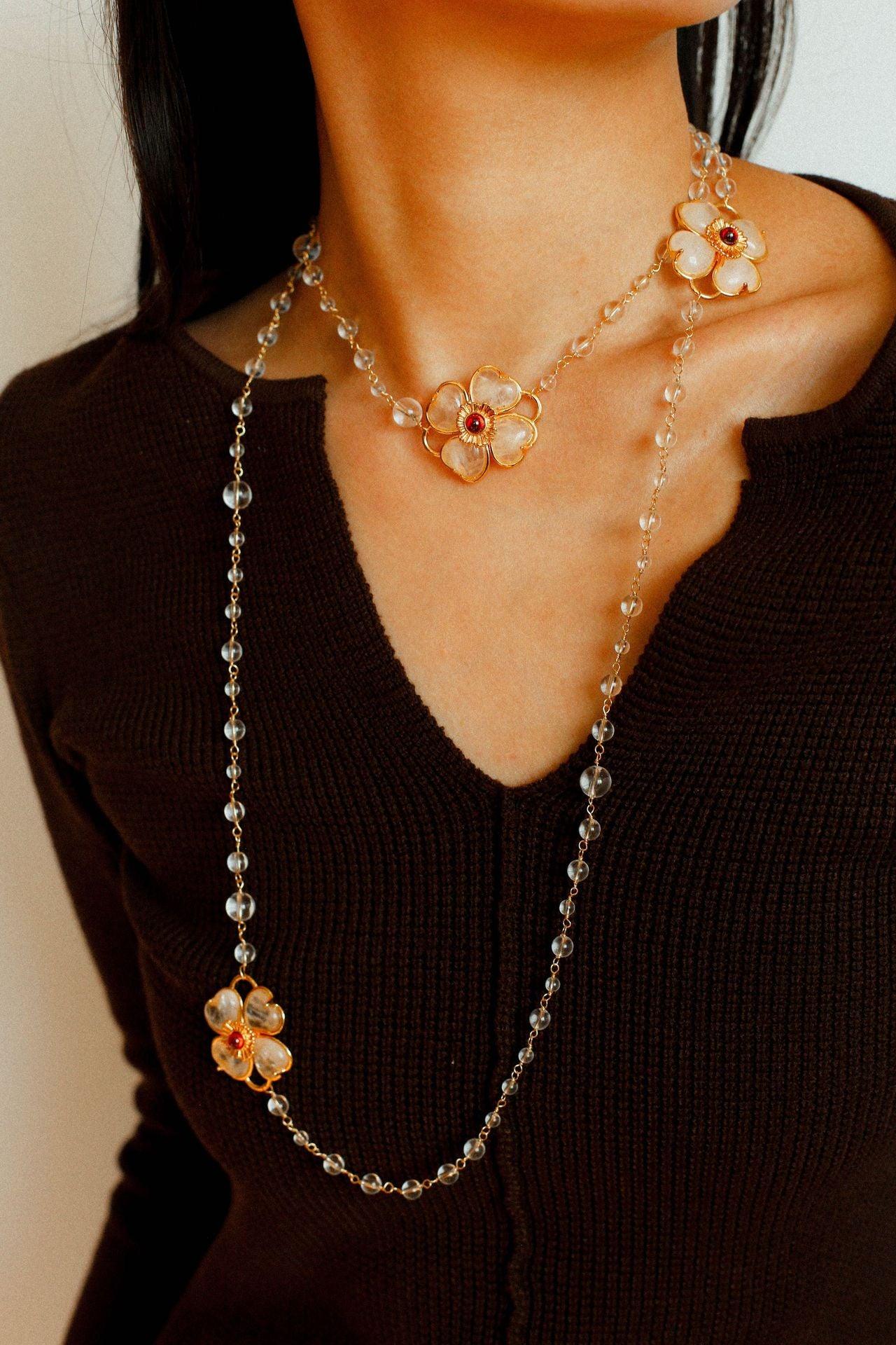 Classic White crystal Four-leaf Clover Long Necklace - Gembea Jewelry