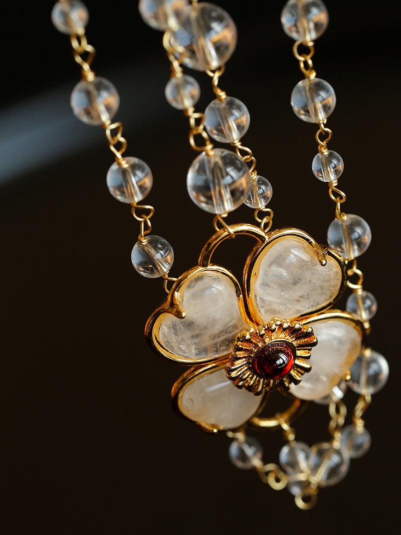 Classic White crystal Four-leaf Clover Long Necklace - Gembea Jewelry