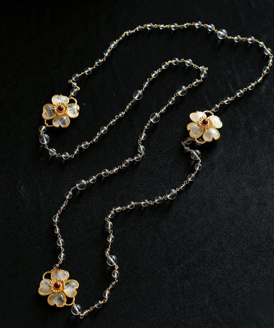 Classic White crystal Four-leaf Clover Long Necklace - Gembea Jewelry