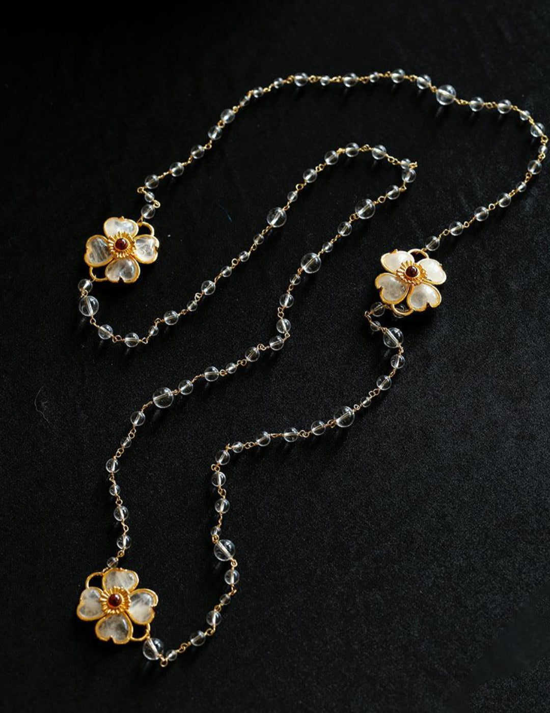 Classic White crystal Four-leaf Clover Long Necklace - Gembea Jewelry