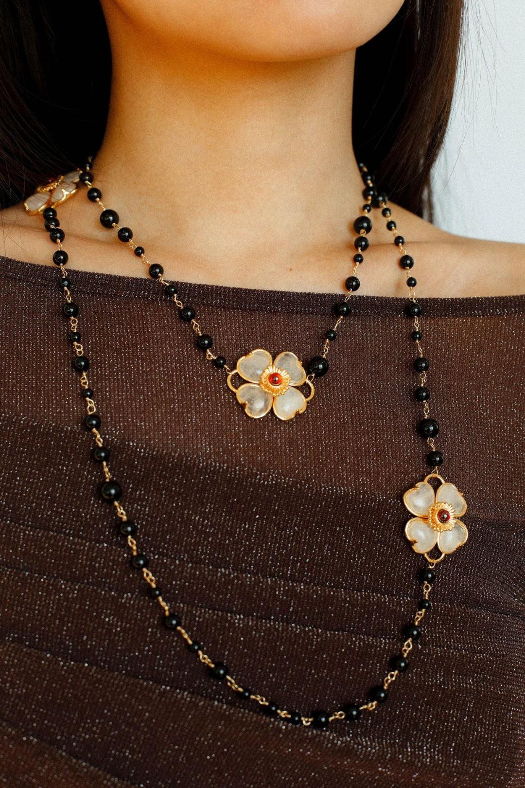 Classic White crystal Four-leaf Clover Long Necklace - Gembea Jewelry