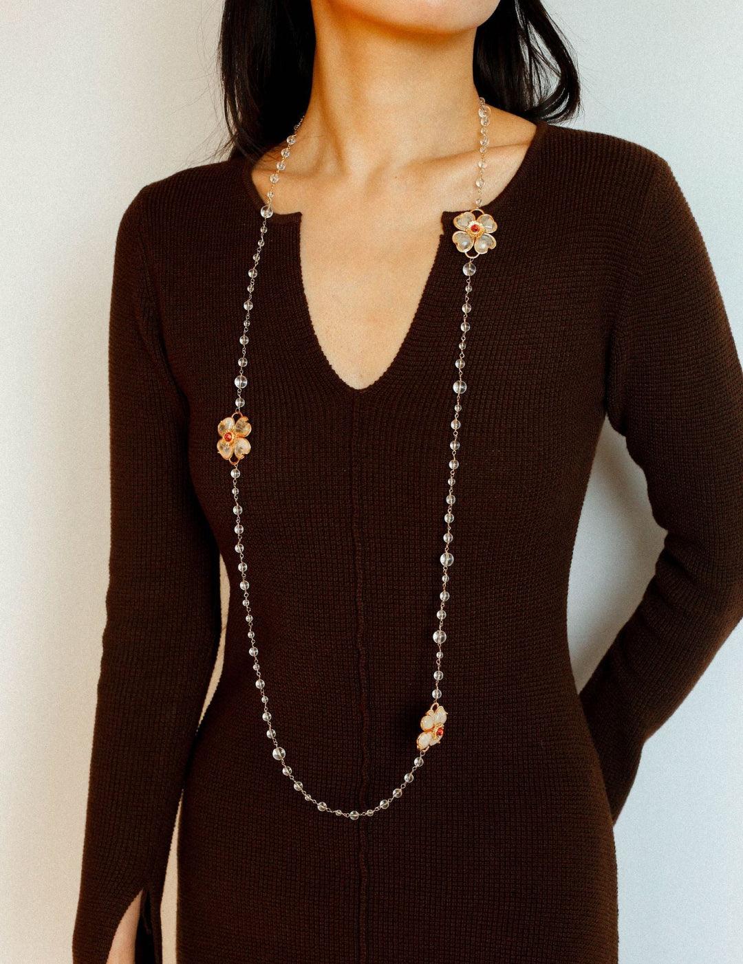 Classic White crystal Four-leaf Clover Long Necklace - Gembea Jewelry