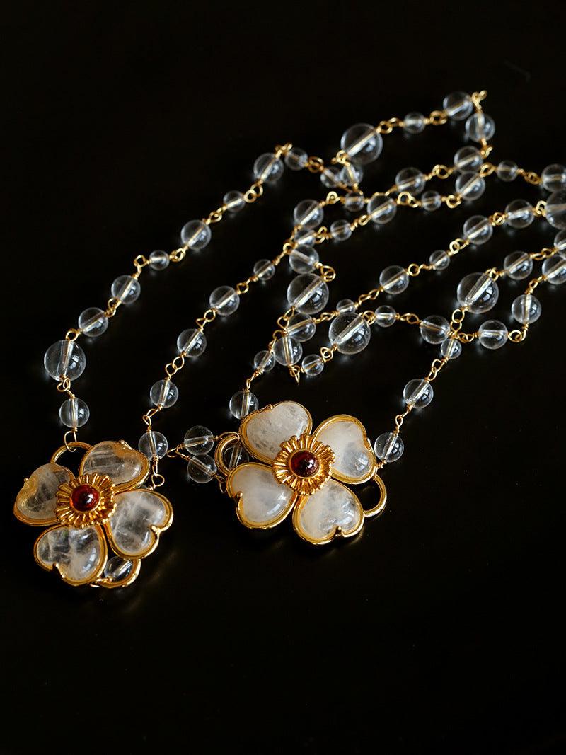 Classic White crystal Four-leaf Clover Long Necklace - Gembea Jewelry