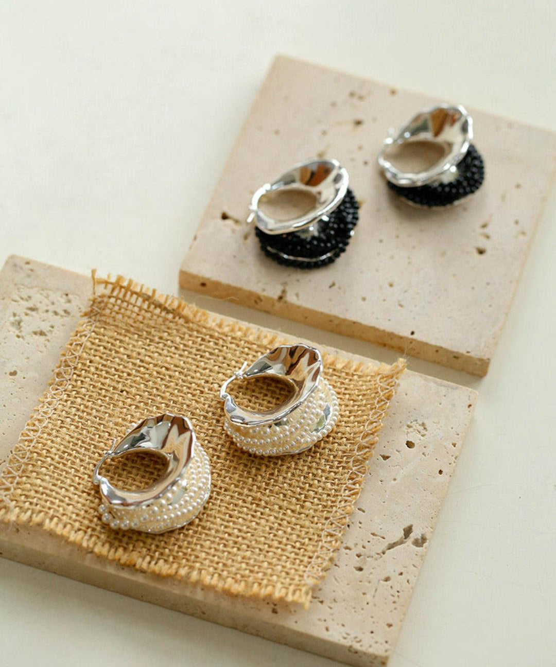 Wide Pearl Black Agate Hoop Earrings - Gembea Jewelry