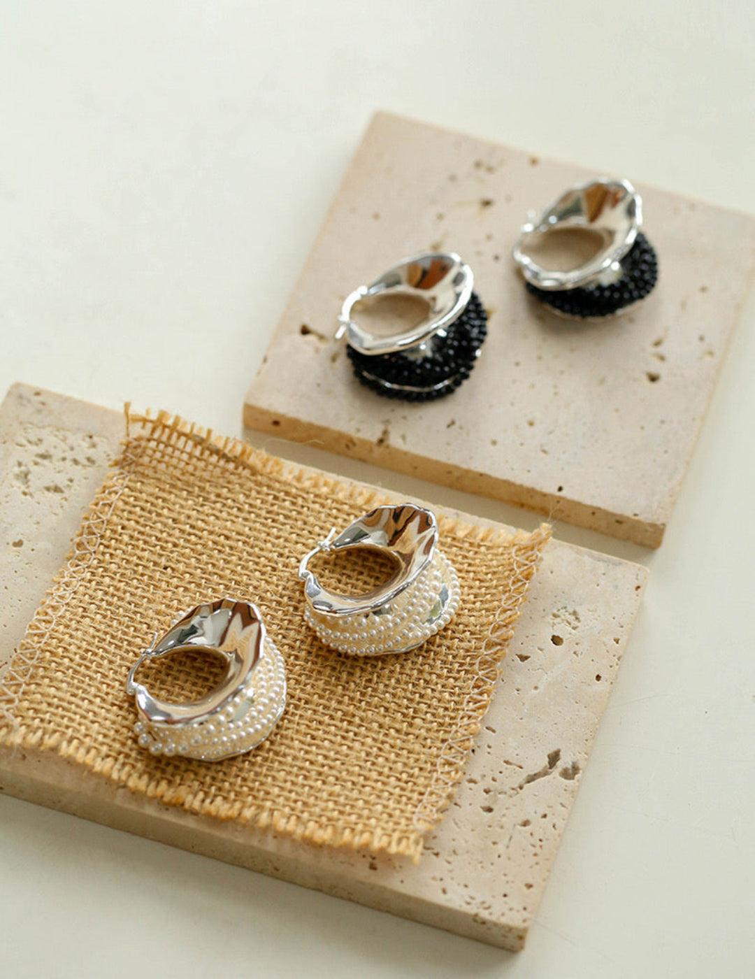 Wide Pearl Black Agate Hoop Earrings - Gembea Jewelry