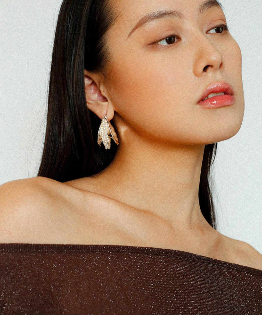 Wide Pearl Black Agate Hoop Earrings - Gembea Jewelry