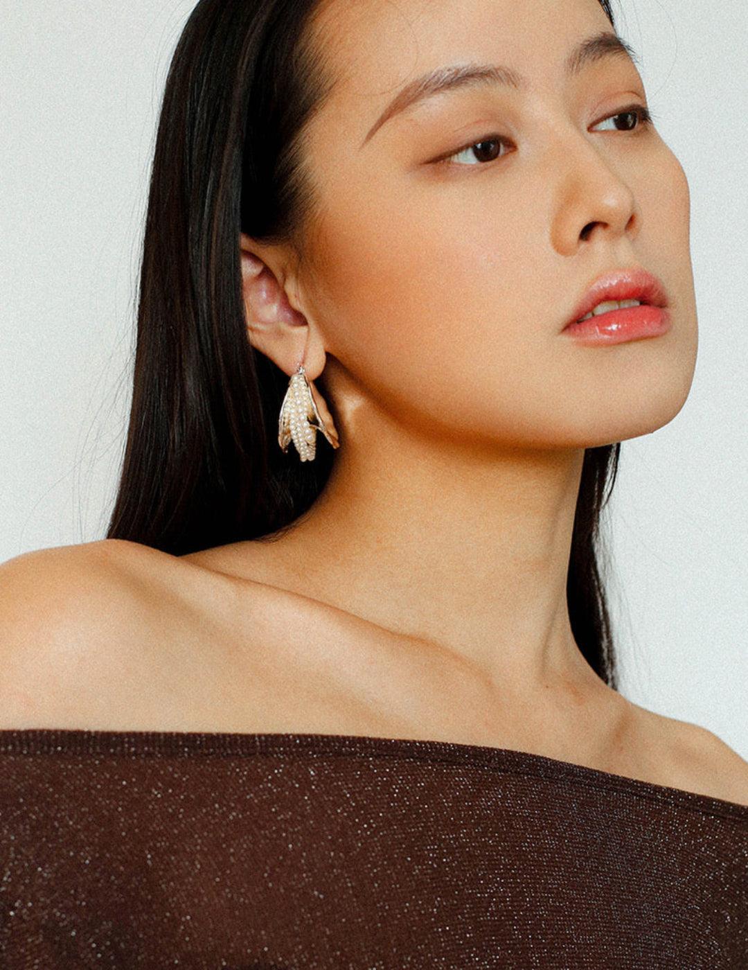 Wide Pearl Black Agate Hoop Earrings - Gembea Jewelry